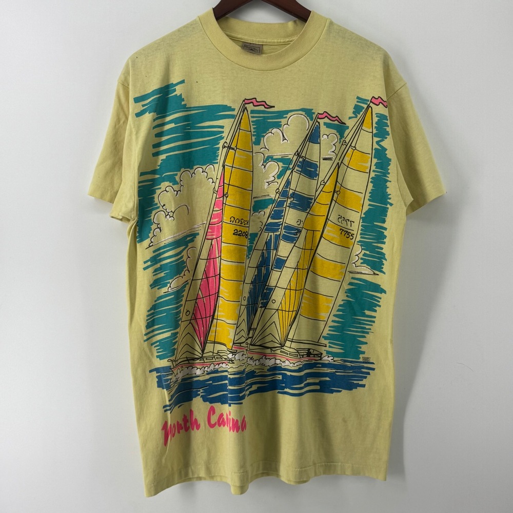 Vintage Delta North Carolina Sailboat T-Shirt XL Yellow Single Stitch Made USA